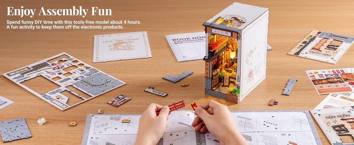 Sakura Wine Alley DIY Booknook with Lights DIY Miniature Dolls House Kit 3D Wooden Puzzle Bookend Bookshelf Decor Gift