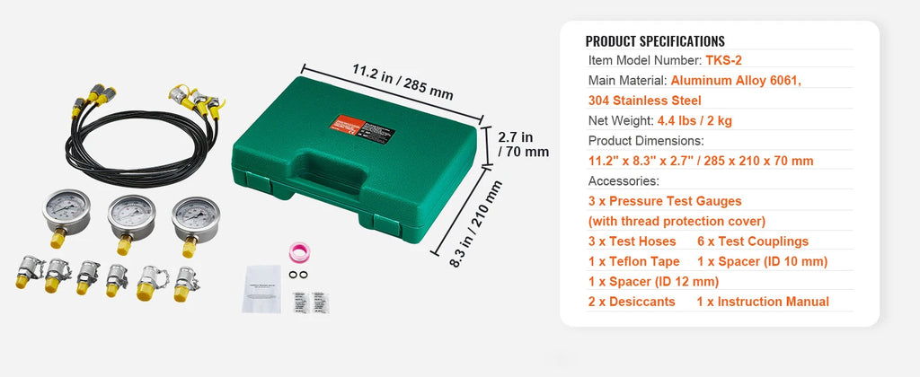 Hydraulic Pressure Test Kit with Gauges and Carrying Case for Excavators and Tractors