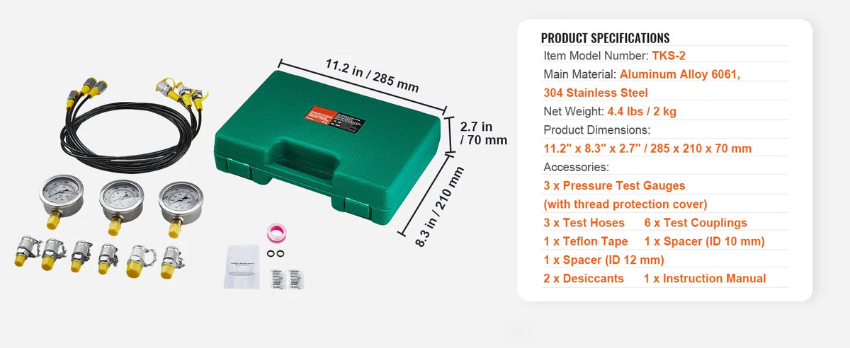Hydraulic Pressure Test Kit with Gauges and Carrying Case for Excavators and Tractors