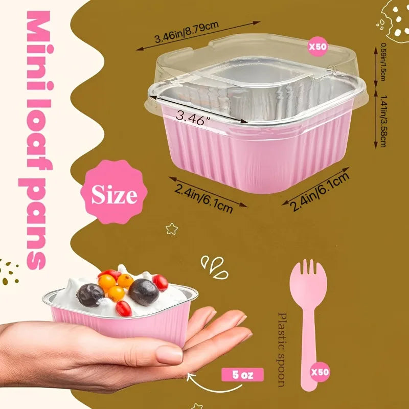 Mini Square Aluminum Foil Baking Pans with Lids, 50 Pack