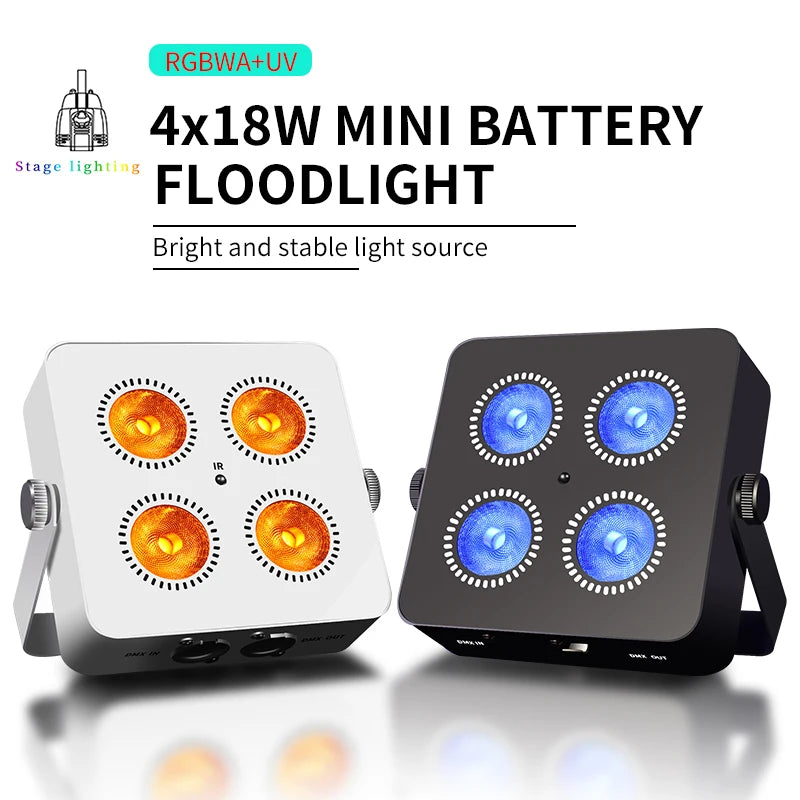RGBWA UV 6in1 LED Battery Powered Wash Par Light 4x18W Supports DMX ControlMini Battery Operated Party & Wedding Light