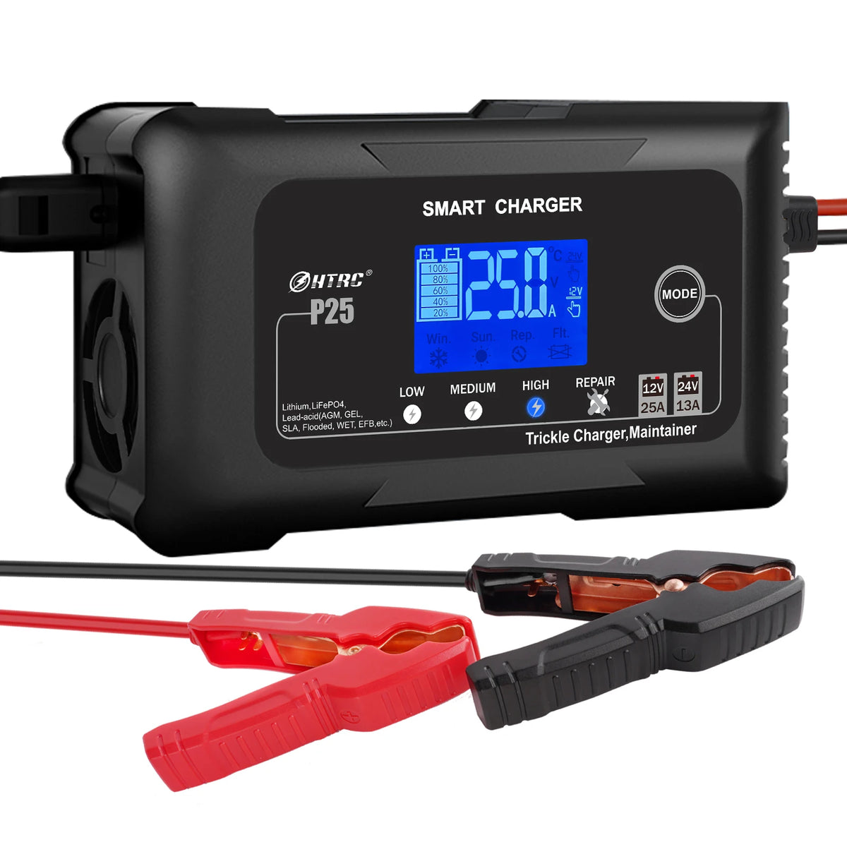 12V-24V 35A/25A/20A/15A/10A Car Battery Charger LCD Automatic Pulse Repair Charge for Lifepo4 AGM Lead-Acid Lithium Batteri