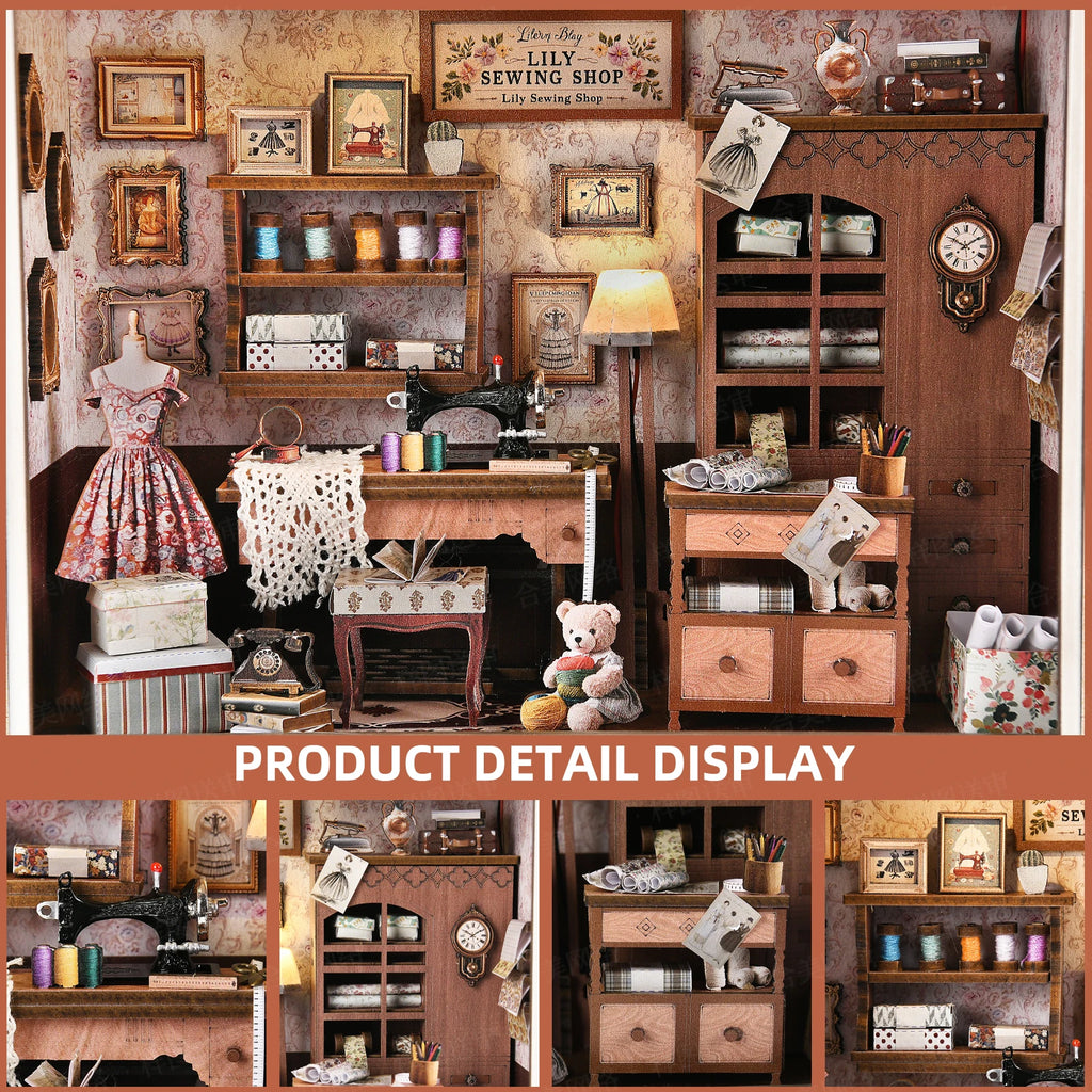 DIY Book Nook Kit, Tailor's Shop 3D Wooden Bookshelf Insert