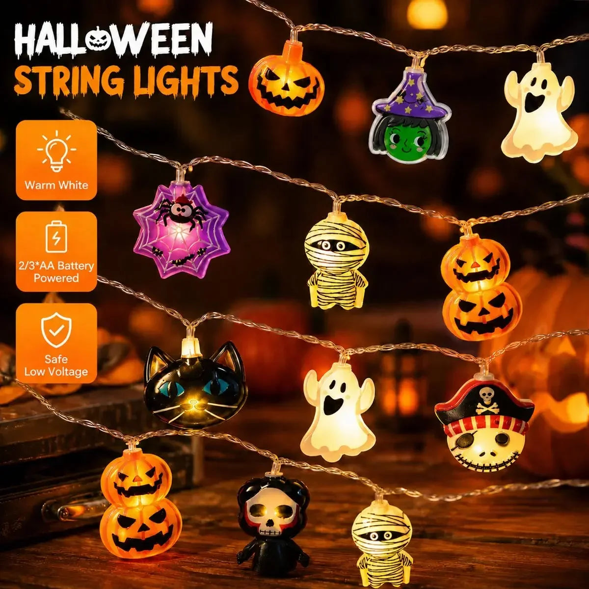 Halloween LED String Lights, Ghost, Pumpkin and Skeleton Fairy Lights for Holiday Decor