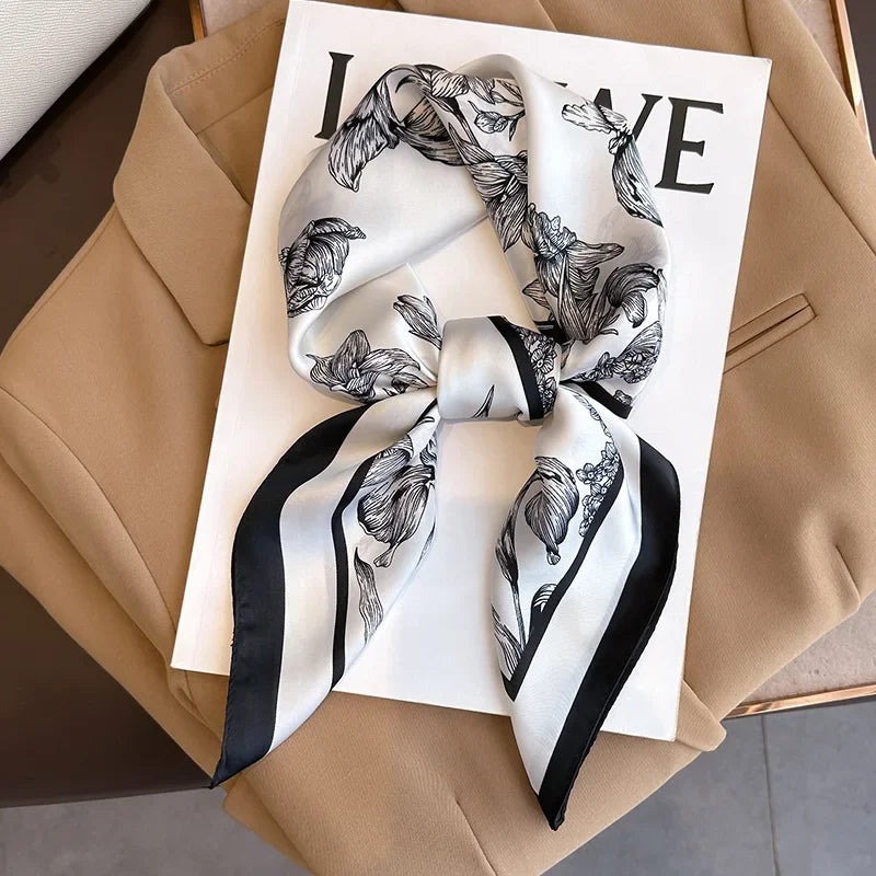 Luxury Floral Print Satin Square Scarf 27 inch, Hairband, Bag Ribbon and Neckerchief