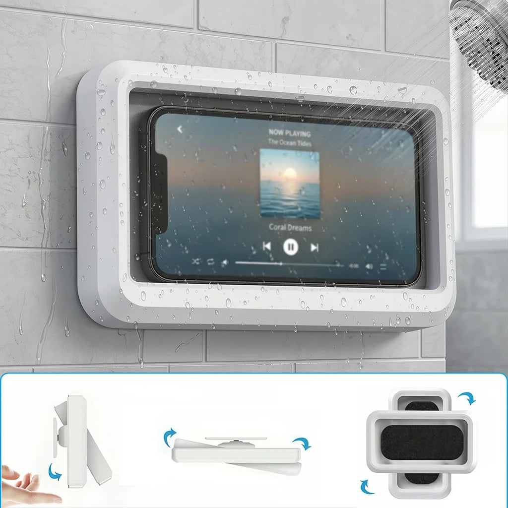 360-Degree Rotating Waterproof Shower Phone Holder, Anti-Fog Touchscreen Wall Mount Case