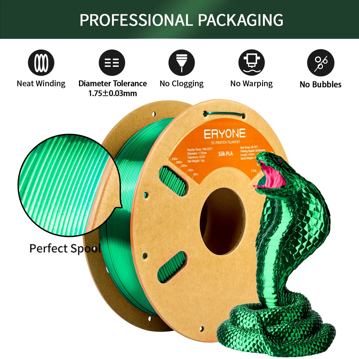 ERYONE 1KG Silk PLA 3D Printer Filament 1.75mm, Premium Silk Shiny Finish Single Color, Glossy Smooth Surface 1kg Spool