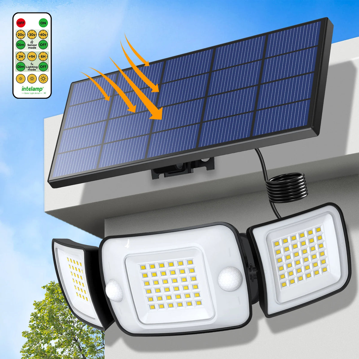 Solar Motion Sensor Flood Light with 6000mAh Battery, Dual Sensors and 9ft Cable