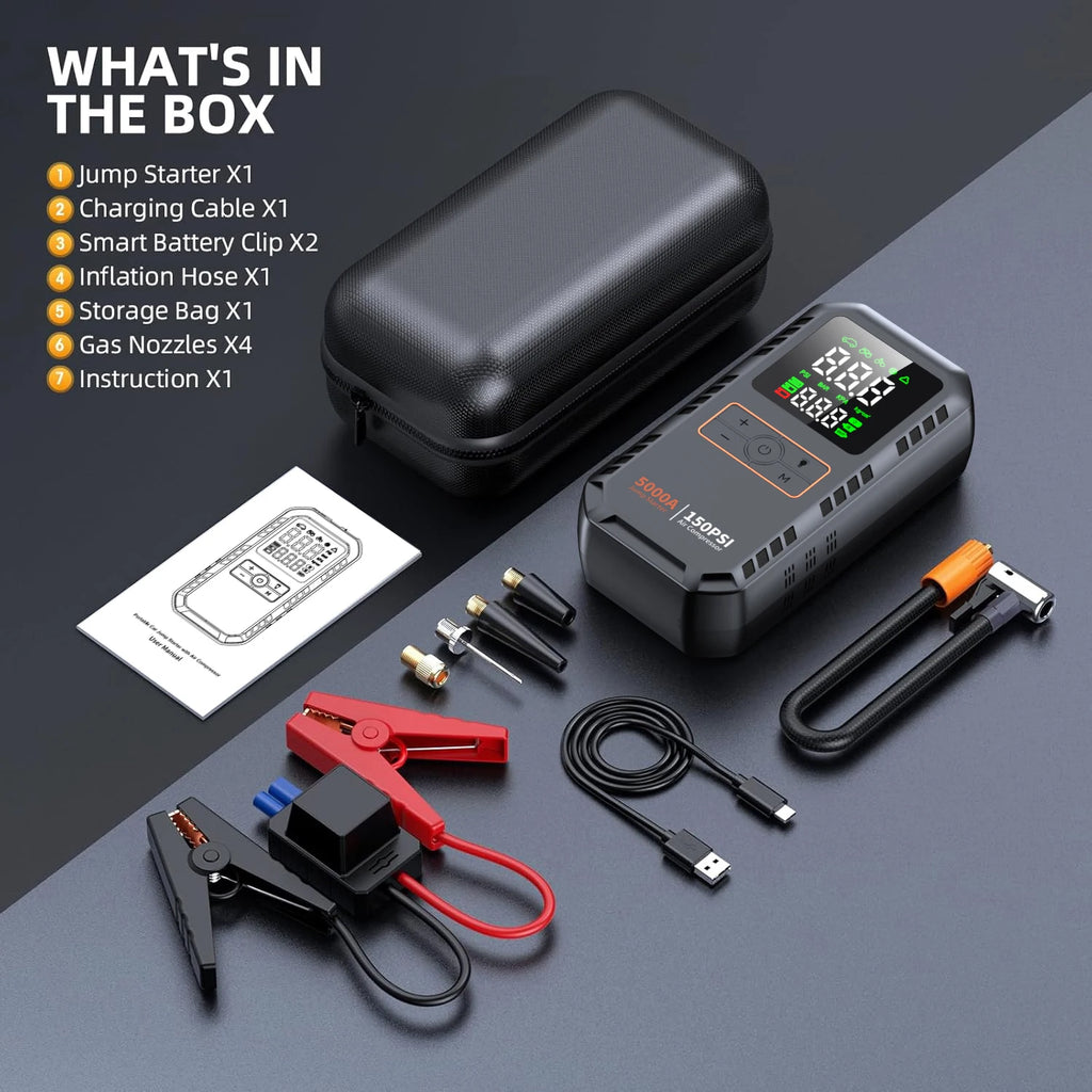 4-IN-1 Car Jump Starter with Air Compressor Peak 5000A Auto Battery Booster 150PSI Air Pump Portable Power Bank Tire Inflator