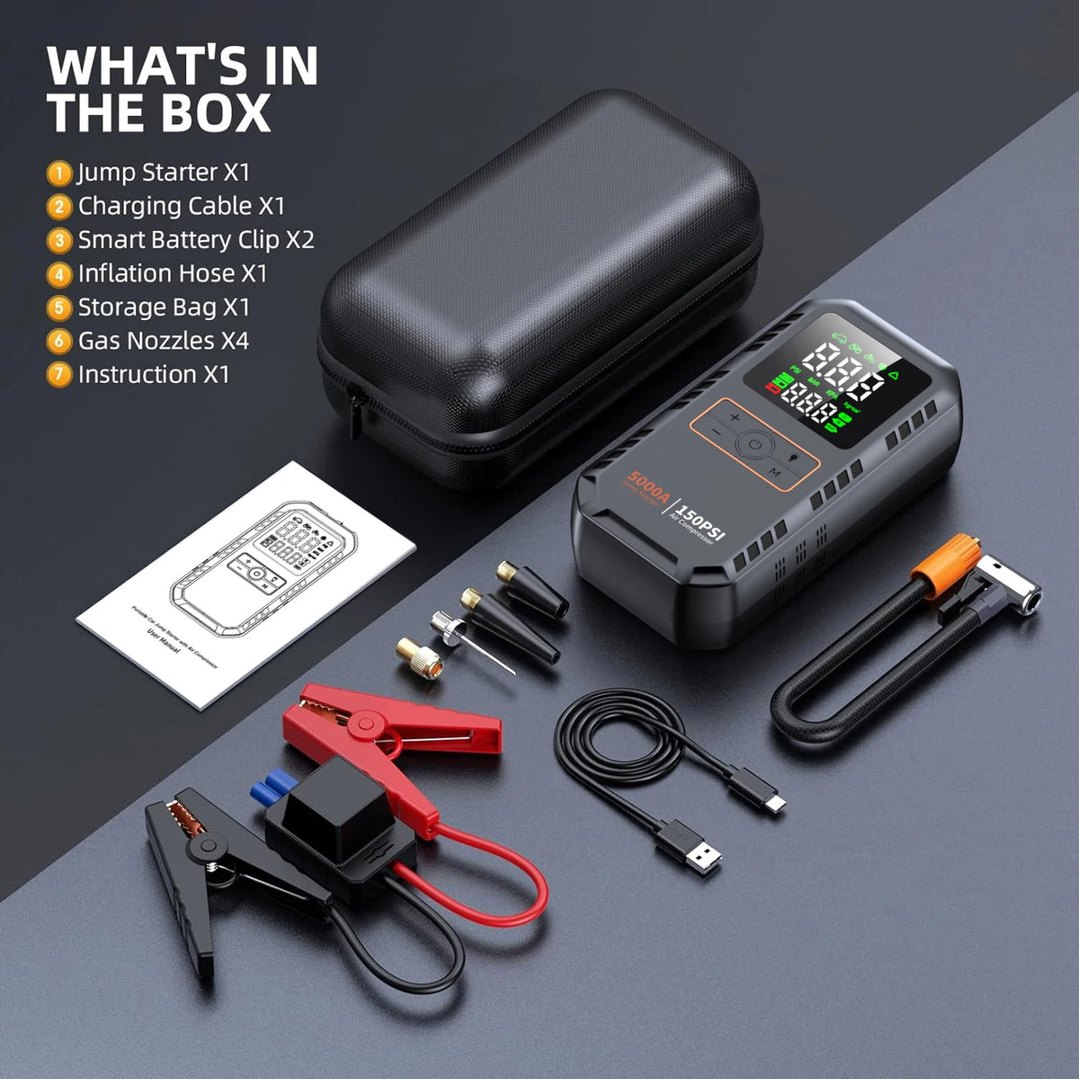 4-IN-1 Car Jump Starter with Air Compressor Peak 5000A Auto Battery Booster 150PSI Air Pump Portable Power Bank Tire Inflator