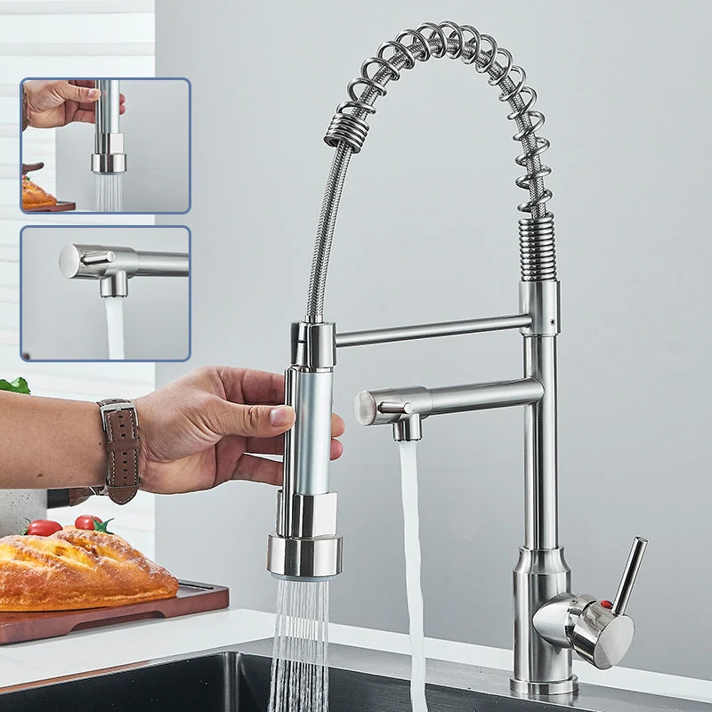 Pull-Down Kitchen Sink Faucet, 360 Swivel Dual Spout with 2 Spray Modes, Brushed Nickel