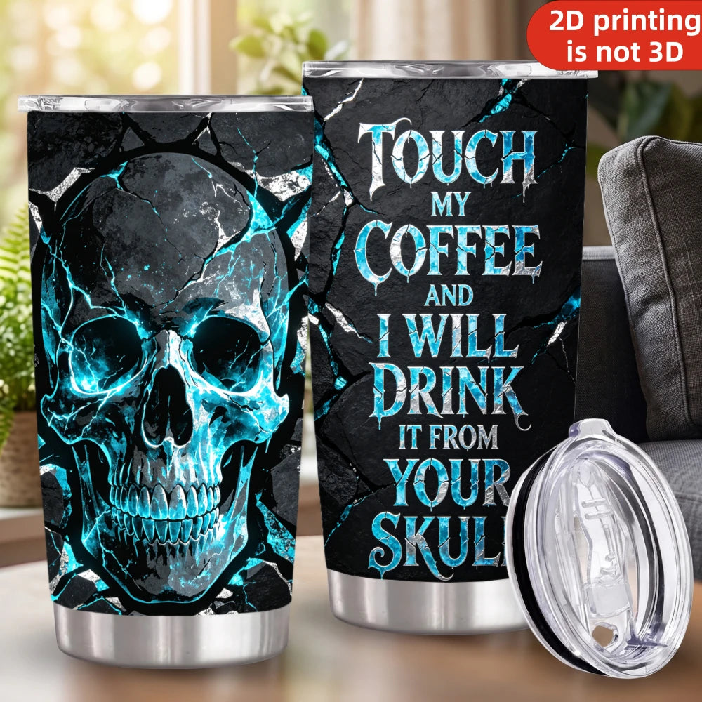 Halloween Blue Fire Skull Tumbler, 20 oz Insulated Stainless Steel with Lid and Straw