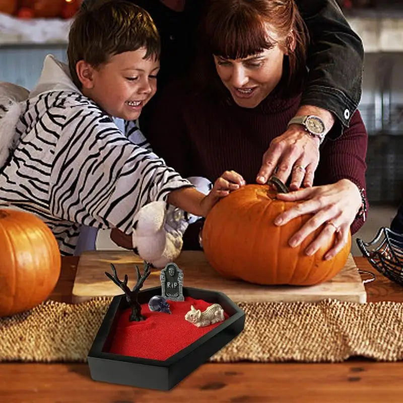 Halloween Coffin Sand Tabletop Decor, Gothic Mini Sand Tray Kit with Skull