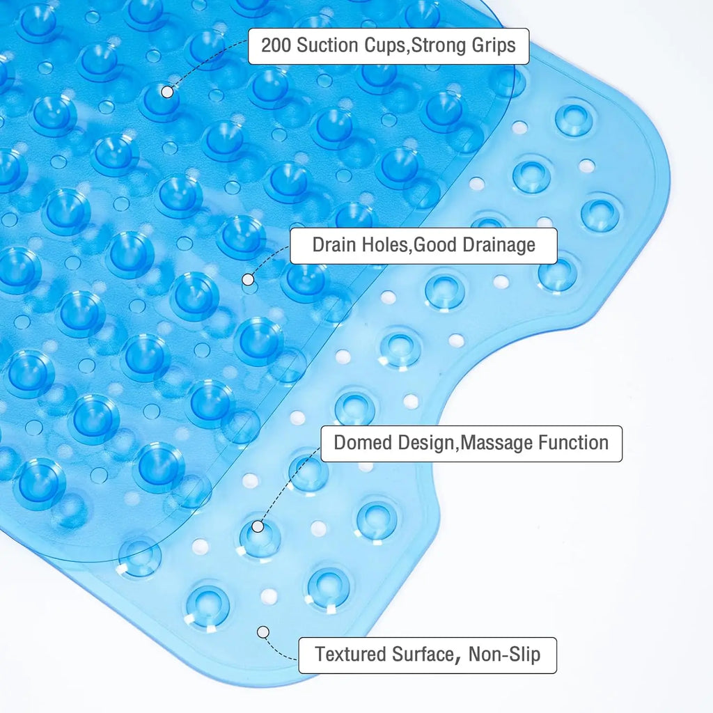 Shower Floor Mat 40x16 Inch,Non Slip Bath Mat With Firm Suction Cups,Extra Large Machine Washable Bathtub Rug,Drain Holes Keep Tub Clean,Waterproof Mold Resistant Rubber PVC Mat,Blue Black Transparent Light Gray,Home Essentia