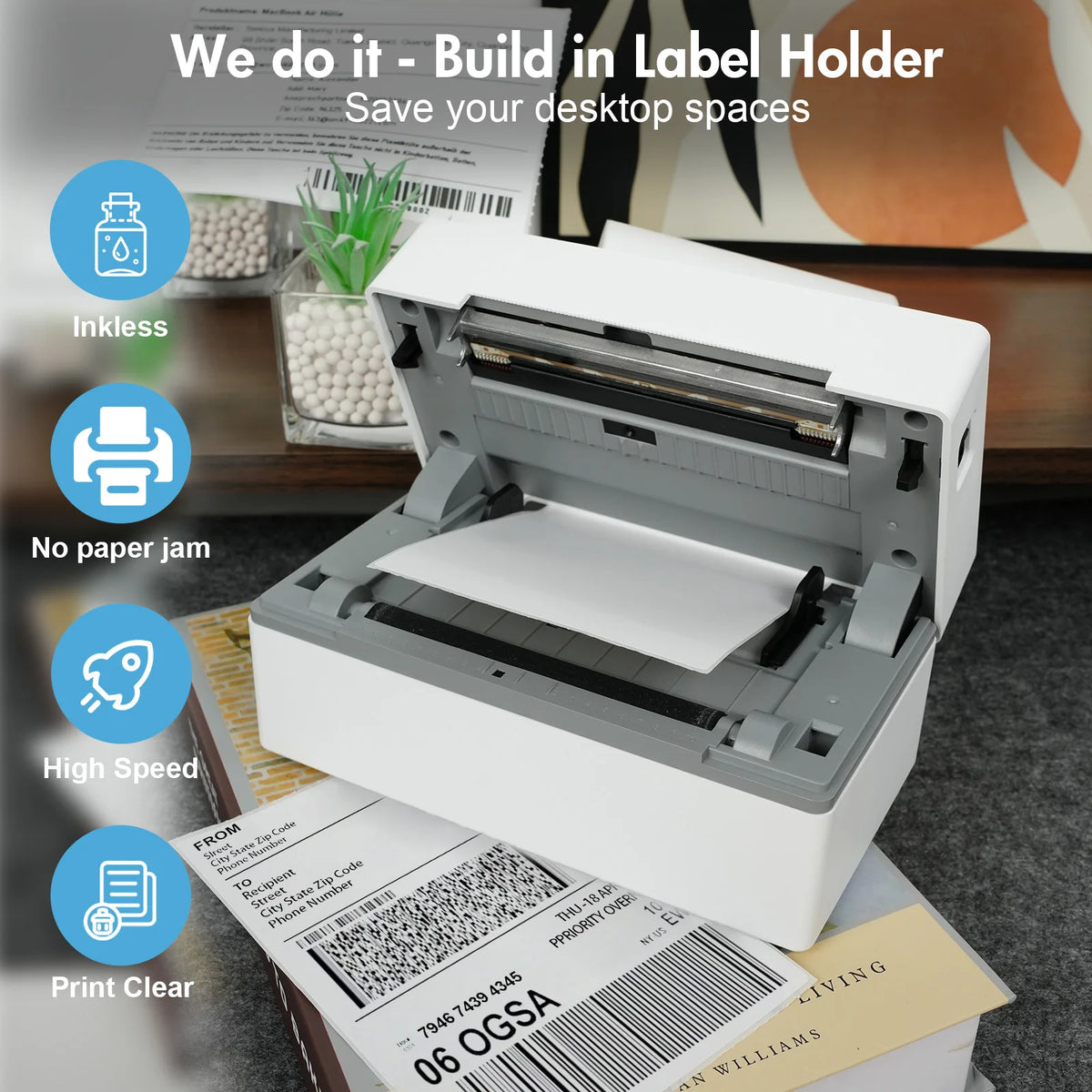 Portable Bluetooth Thermal Label Printer for 4x6 Shipping Labels, 203 DPI