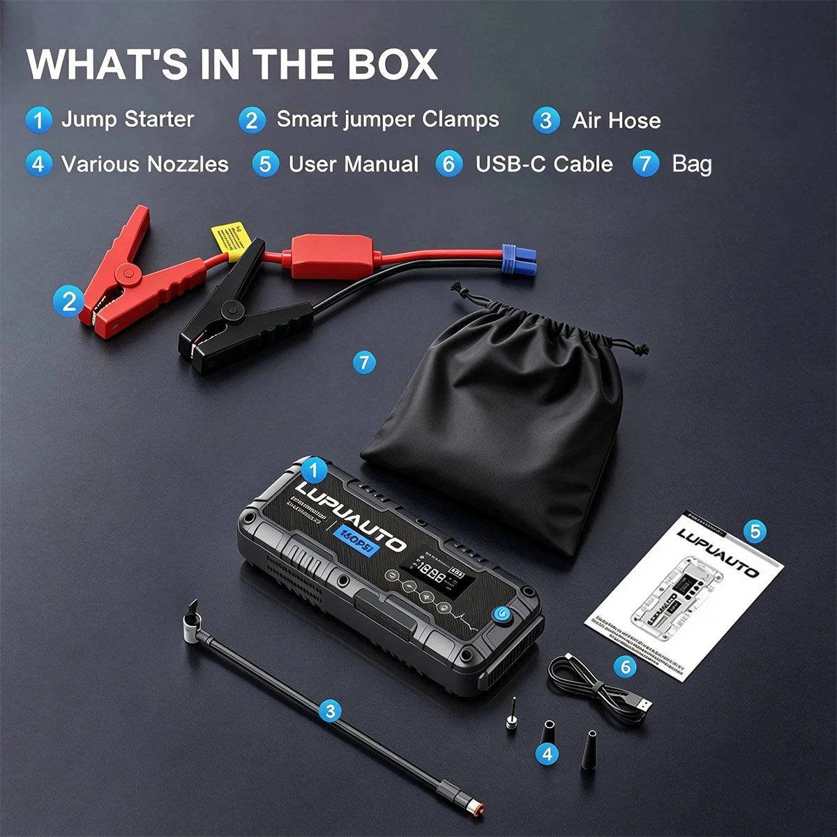 4 In 1 Car Jump Starter with LED Lighting 4000A Portable Car Battery Charger Power Bank Tire Inflator Pump 160PSI Air Compressor