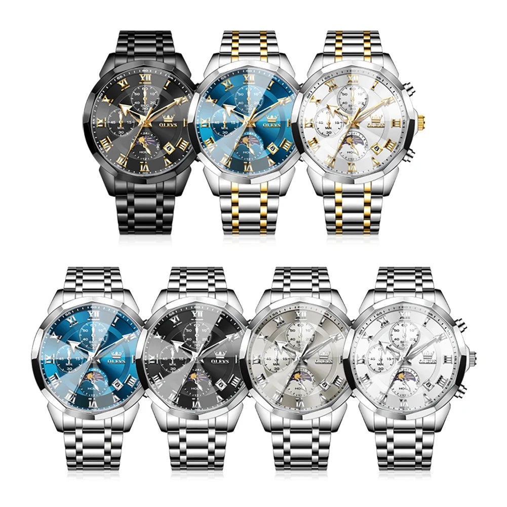 OLEVS Men's Chronograph Watch with Moon Phase, Waterproof Multifunction Quartz Wristwatch