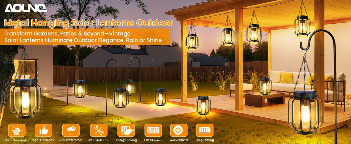 Solar Lanterns Outdoor Waterproof Solar Lantern, 4 Pack Solar Lanterns Outdoor with Auto On/Off & Hook