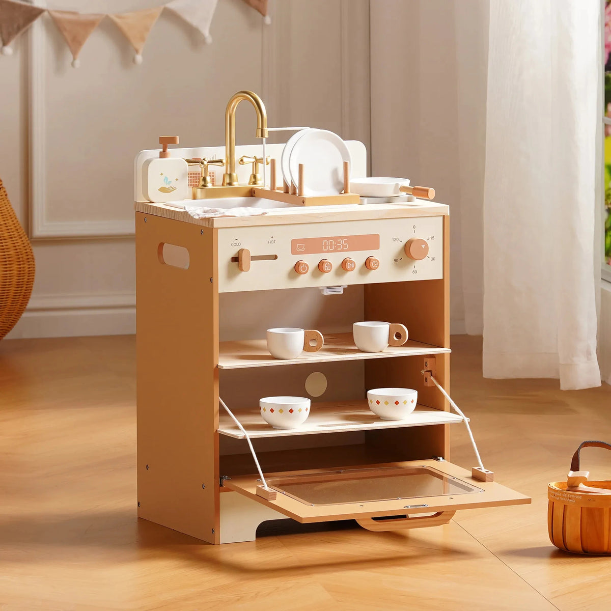 Robud Kids Wooden Play Kitchen All in One Corner Set Includes Oven Refrigerator Washer Perfect Birthday Gift for Little Chefs
