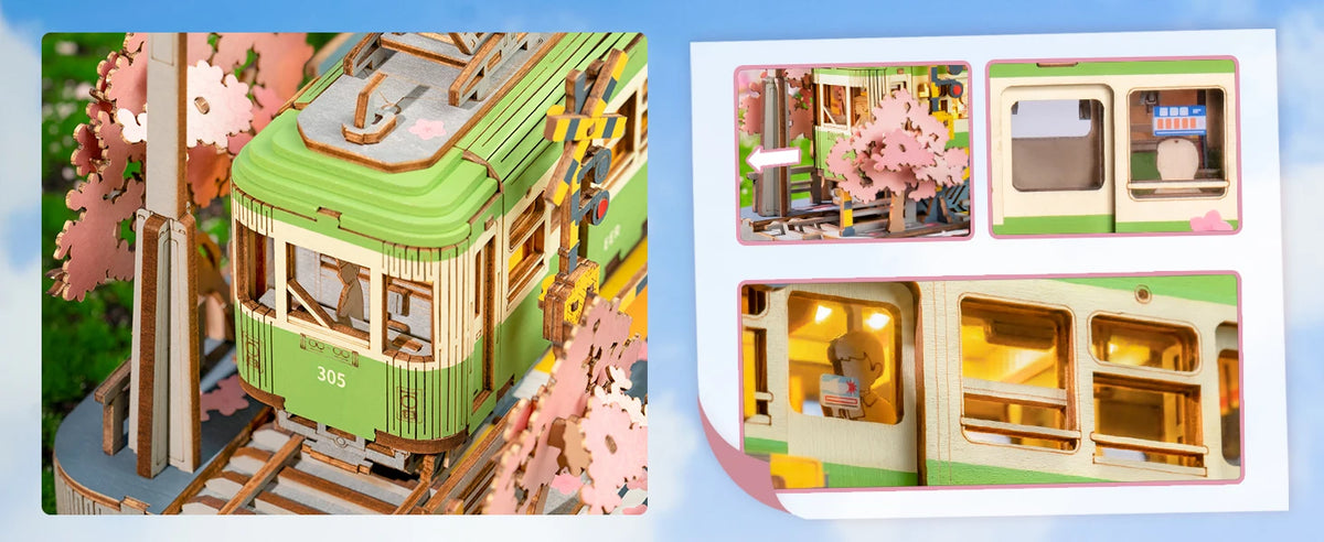 Rolife Wooden 3D Puzzle Sakura Journey Tram DIY Model Building Toy with LED for Bookshelf Home Decor Gifts for Adults Family