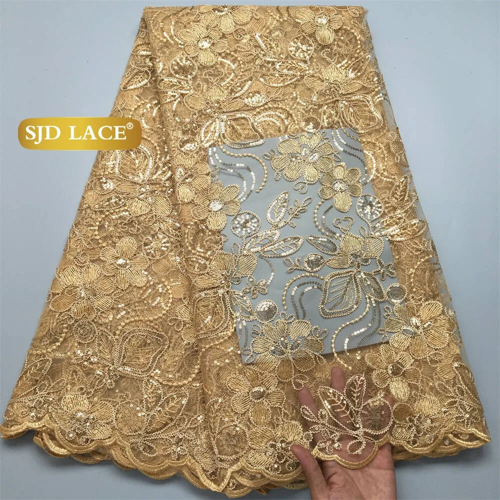 SJD LACE Gold French African Mesh Lace Fabrics for Women Wedding Dress 2026 High Quality Nigerian Tulle Net Lace Fabrics for Party DIY Cloth 4716