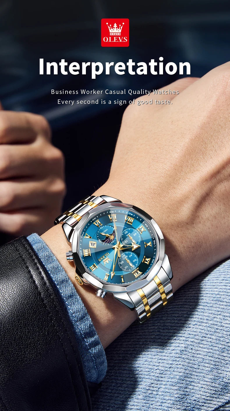 OLEVS Men's Chronograph Watch with Moon Phase, Waterproof Multifunction Quartz Wristwatch