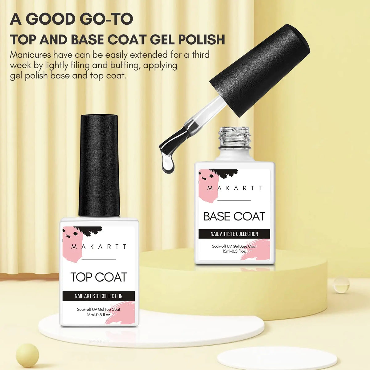 Gel Top Coat and Base Coat Set, No Wipe Shine Finish Soak Off Gel Base Top Coat Long Lasting LED Nail Lamp Gel Polish