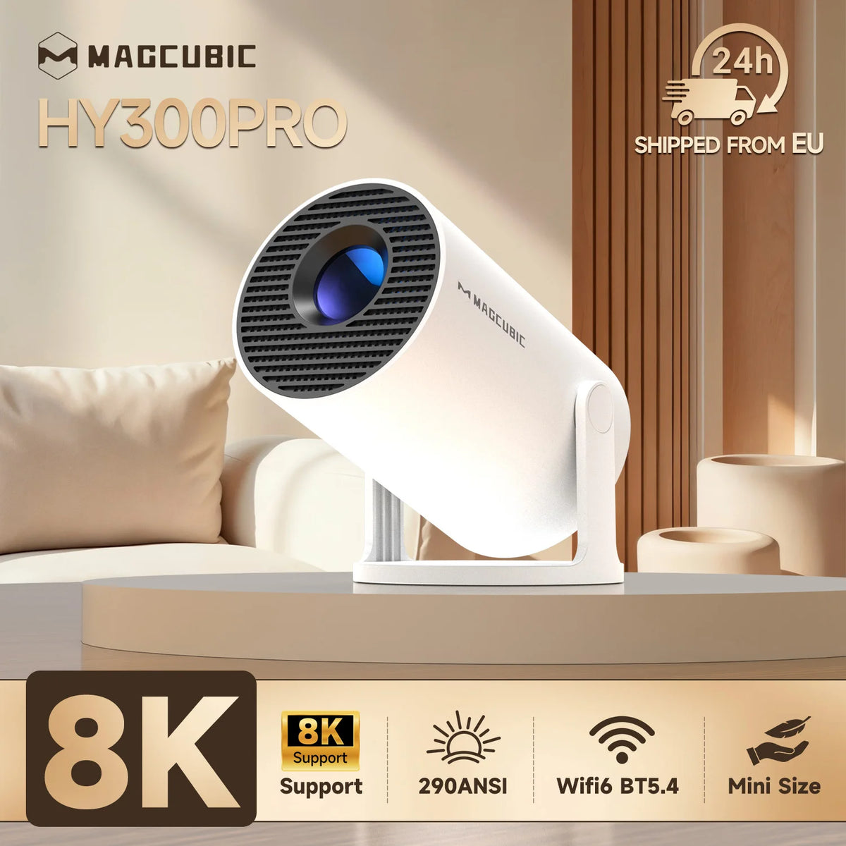 Magcubic Hy300Pro Allwinner H726 Smart Projector, 290Ansi 720P Native 1080P Compatible, Android 14 Dual Wifi6 Bt5.4 8K Decoding Indoor Outdoor