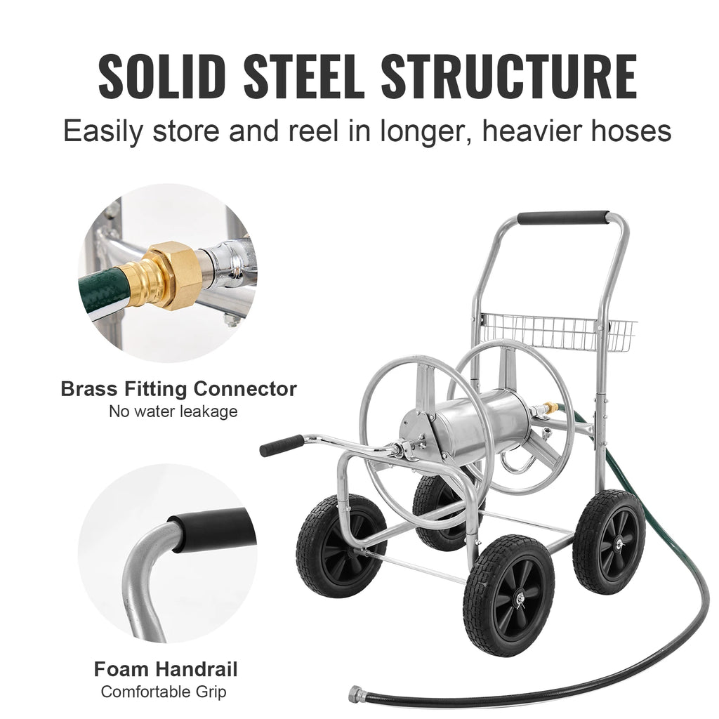 SucceBuy Hose Reel Cart 250ft Heavy Duty Garden Water Yard Planting w/ Basket Effortless Roll-up  Versatile Application Steel