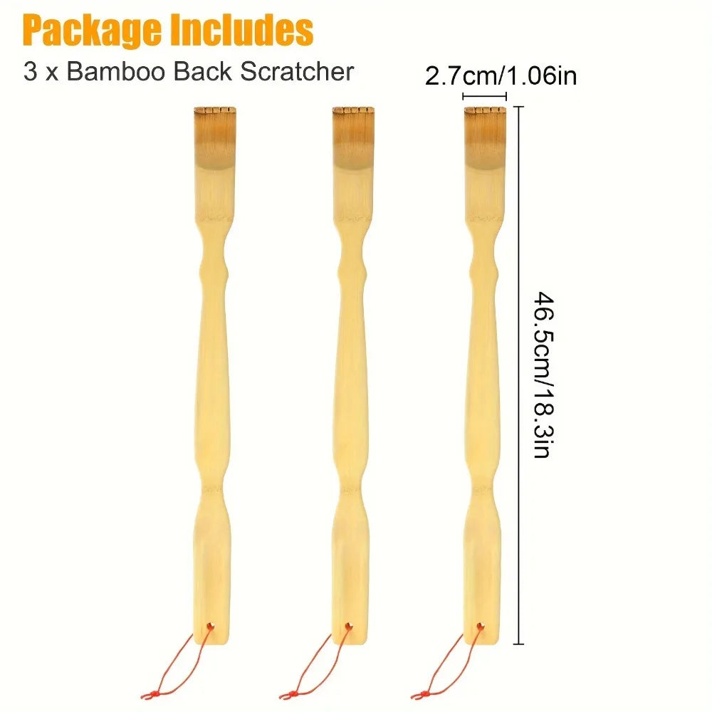 3-Pack Bamboo Back Scratcher Set - 18.3-Inch Long Handle, Natural Massage Tool, Unique Gift for Him and Her