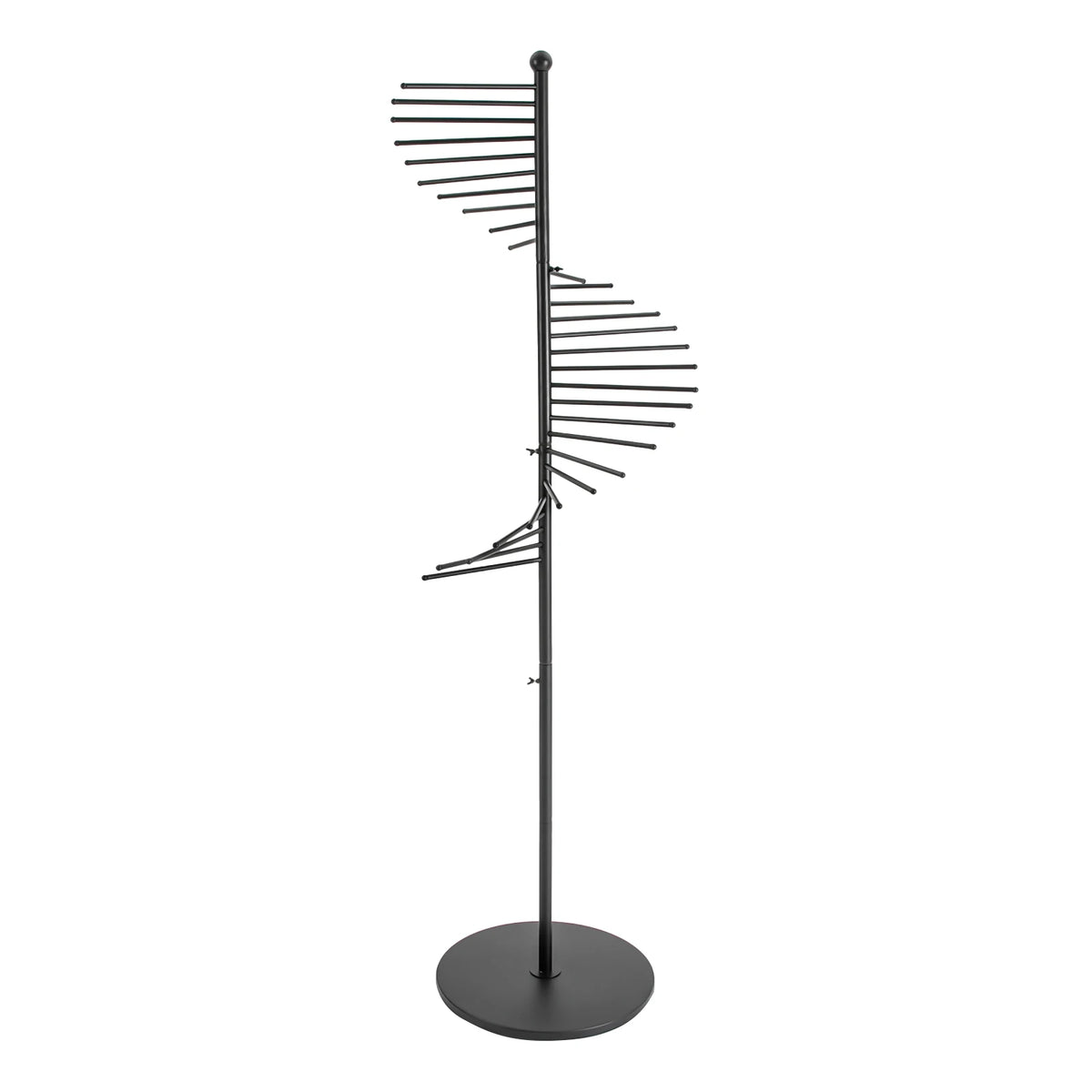 Freestanding Spiral Scarf Display Rack Black Baking Paint Iron Floor Shawl Organizer 5.58FT Tall 16.54IN Base Anti-Rust Anti-Slip Round Edge Easy Assemble For Clothing Store Mall Closet Hat Belt Jewelry Display