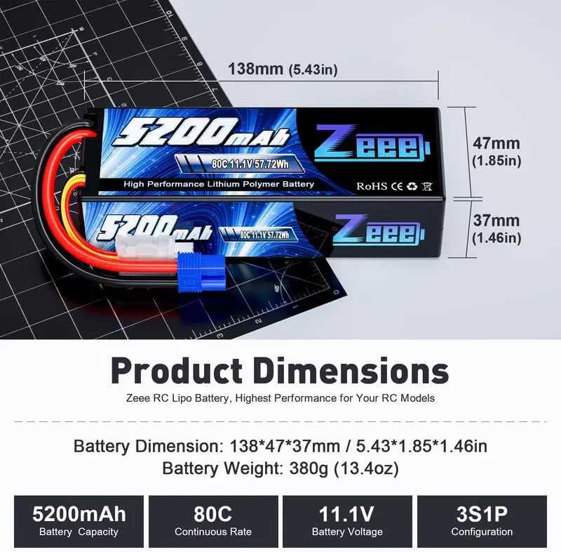 Zeee 11.1V 80C 5200mAh 3S Lipo Battery with Deans Plug Hardcase Battery for RC Car Boat Truck Helicopter Airplane Racing Models