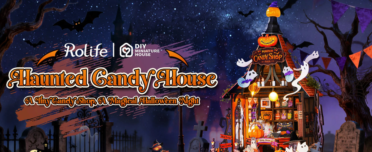 Rolife DIY Miniature House Kit Haunted Candy House Wooden Dollhouse Model Building Kit with LED Light for Home Decor Holiday Gift for Adults Friends