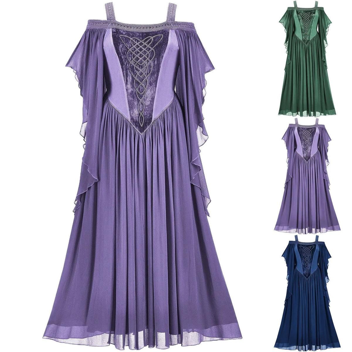 Medieval Witch Dress, Cold Shoulder Butterfly Sleeve Gothic Cosplay Dress for Halloween and Carnival Parties