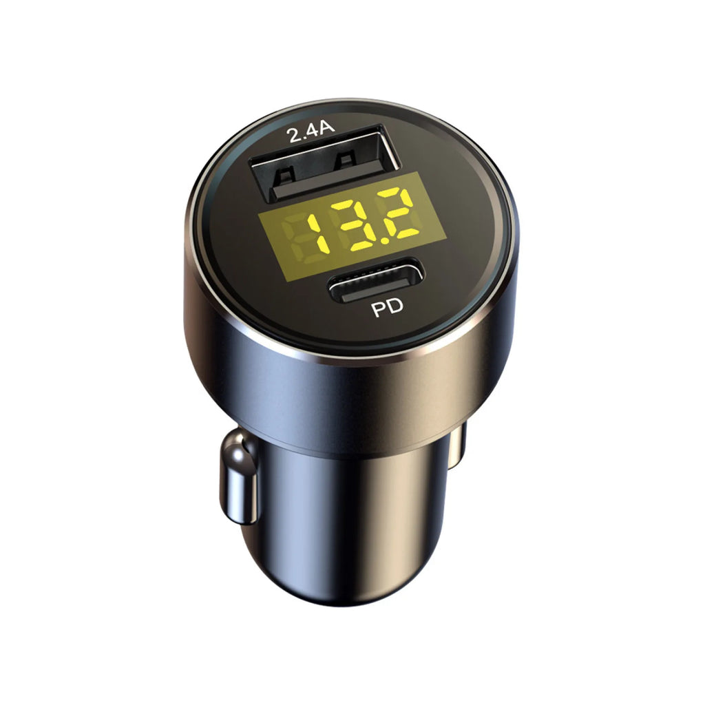 Car Charger Dual USB 18W PD Quick Charge LED Voltmeter Display Aluminum Alloy 12V-24V Fast Charging Adapter for Phone Tablet GPS
