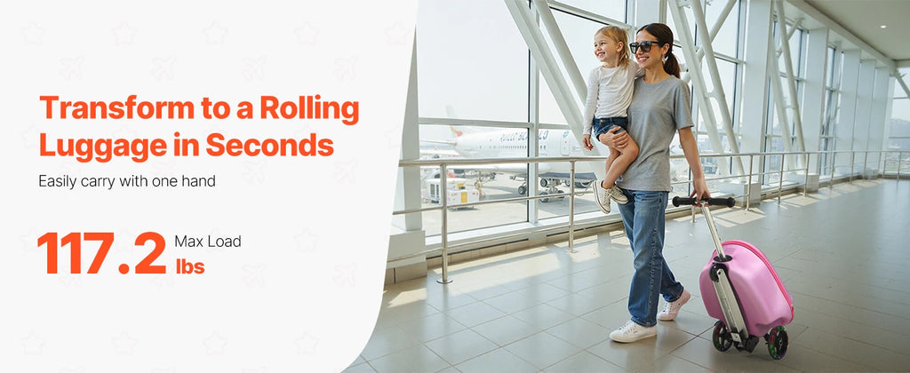 20L 20 Inch Purple Kids Ride-on Luggage Scooter Suitcase Flash PU Wheels Adjustable Handle TPR Grip Foldable for 5+ Kids Travel