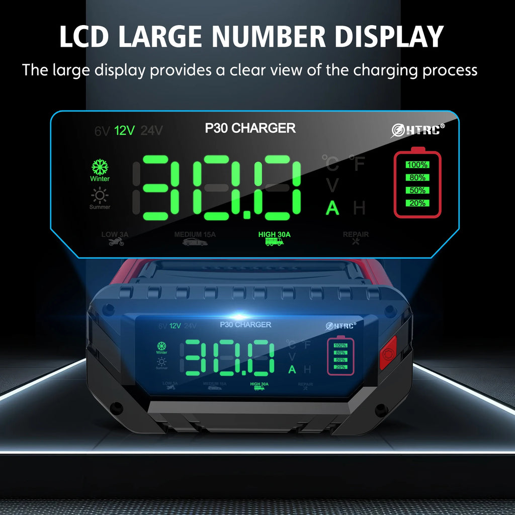 HTRC 30A/26A 6V/12V/24V Car Battery Charger for Motorcycle Lead-Acid SLA Gel Lithium LiFePo4 Portable Smart Battery Charger
