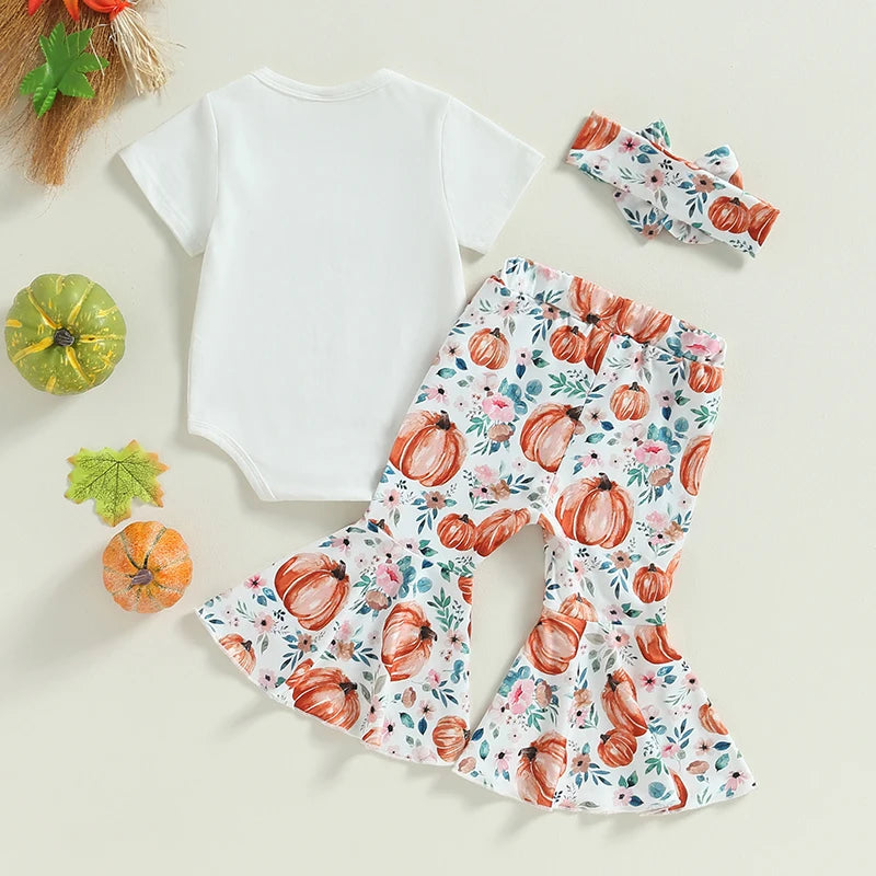 Citgeett Infant Baby Girls Halloween Outfit, Letter Print Short Sleeve Romper with Pumpkin Flare Trousers and Headband