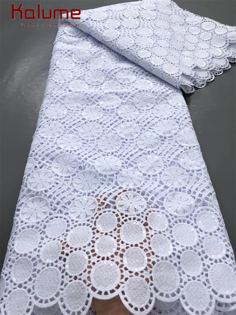 White African Guipure Cord Lace Fabric with Sequins 2025 High Quality Nigerian Guipure Cord Lace for Sewing Wedding Dress F4025