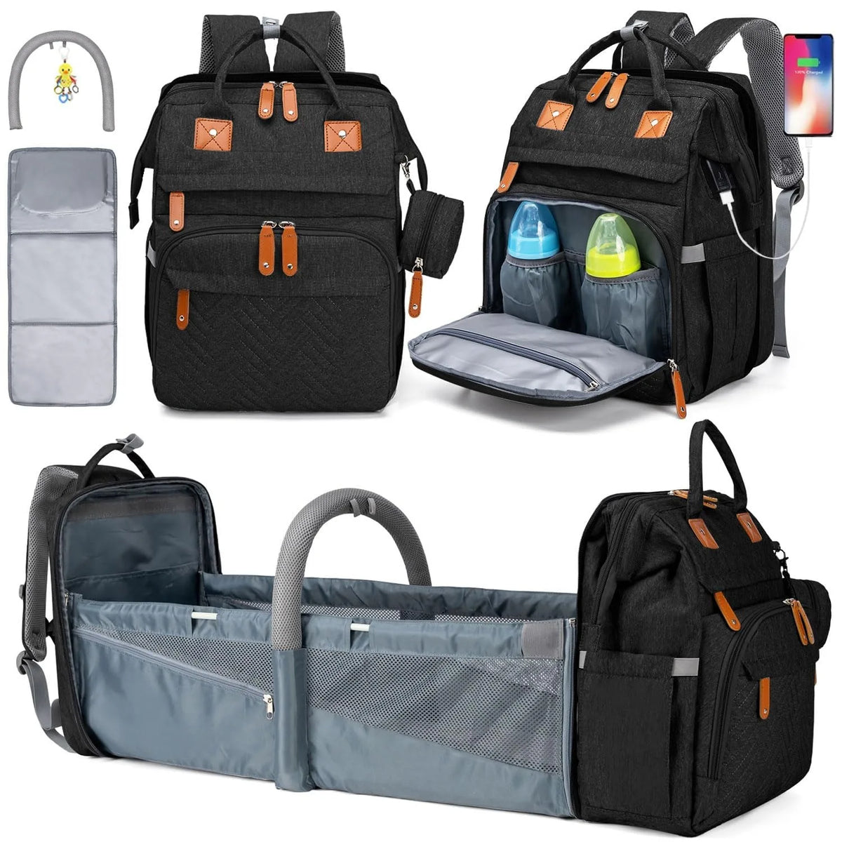 Baby Diaper Bags with Changing Station, Waterproof Large Capacity Diaper Bag Backpack for Moms Dads with USB Charging Port and Stroller Straps