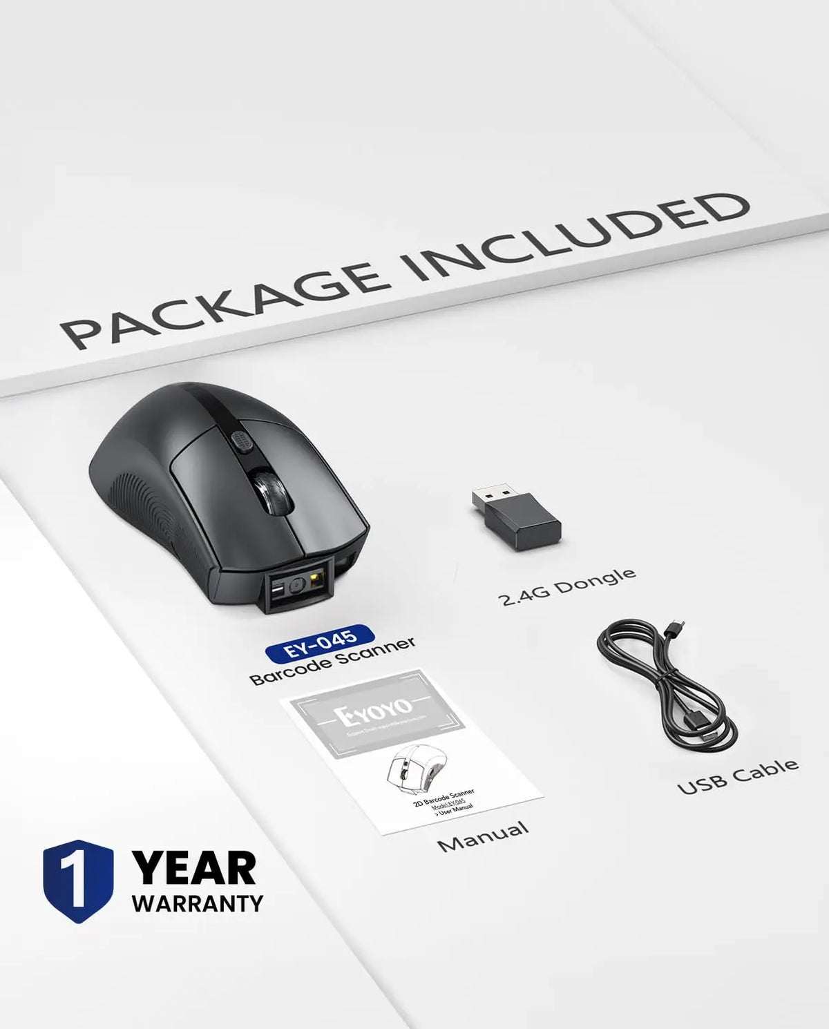 Eyoyo 2-in-1 Wireless Barcode Scanner and Mouse Combo, 1D and 2D Codes, Bluetooth QR Reader with 1200mAh Battery