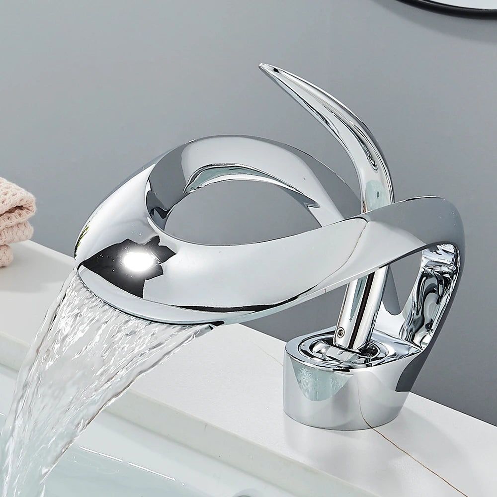 Solid Brass Waterfall Bathroom Sink Faucet, Single Handle Hot and Cold Mixer Tap