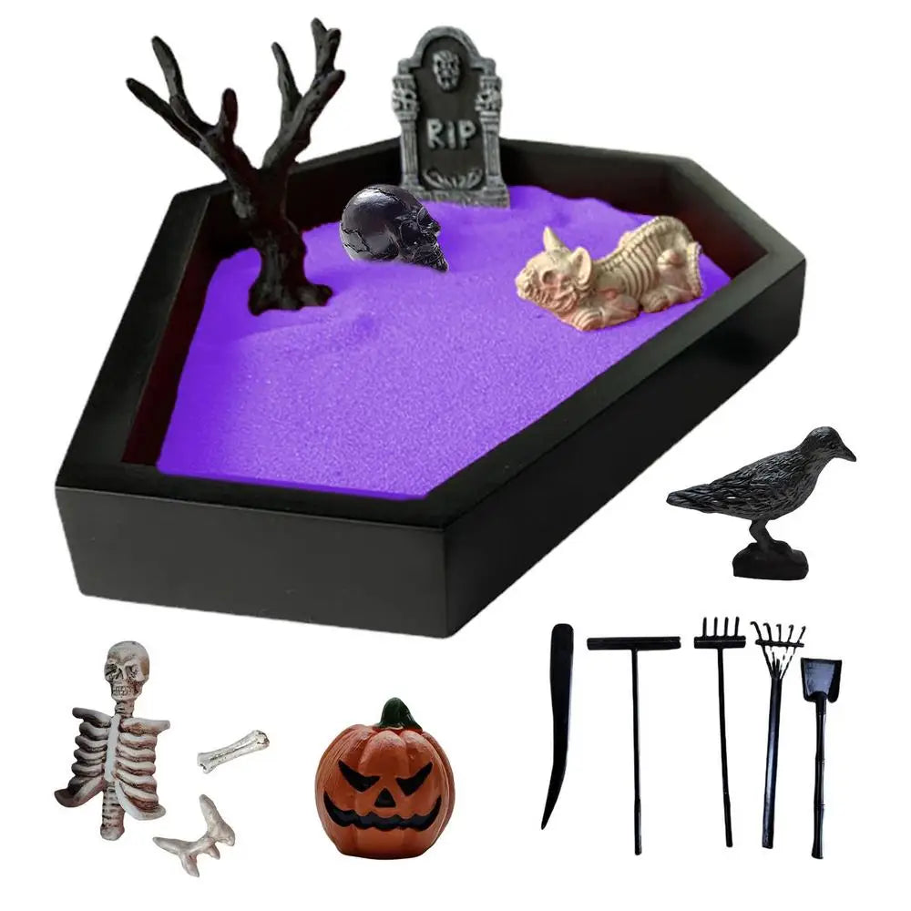 Halloween Coffin Sand Tabletop Decor, Gothic Mini Sand Tray Kit with Skull
