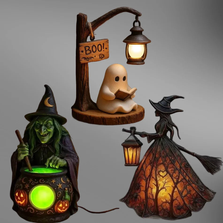 Halloween Witch and Ghost 3D Resin Lantern Decoration