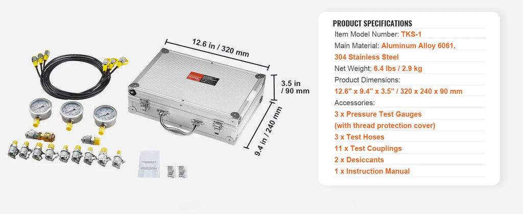 Hydraulic Pressure Test Kit with Gauges and Carrying Case for Excavators and Tractors