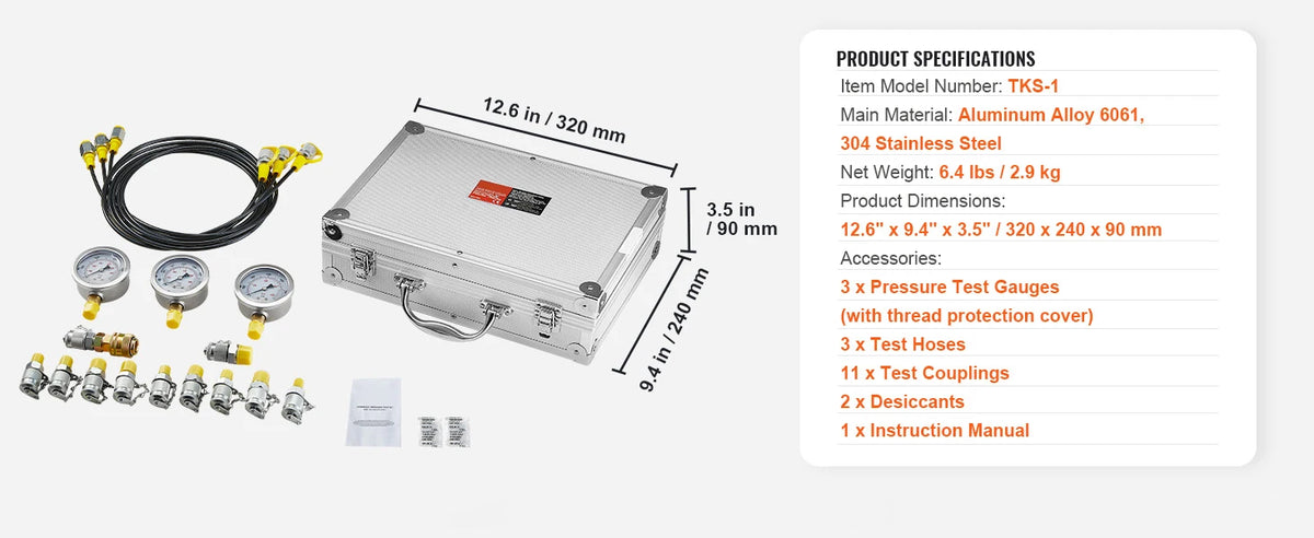 Hydraulic Pressure Test Kit with Gauges and Carrying Case for Excavators and Tractors