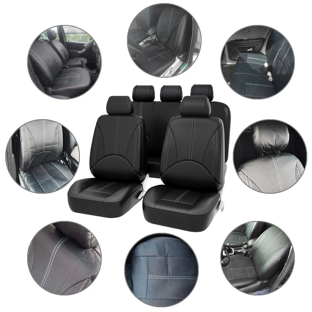 9pcs/Set Car Seat Cover Universal Leather Black Seat Protector Cover Complete Set of All Seasons Car Interior Accessories