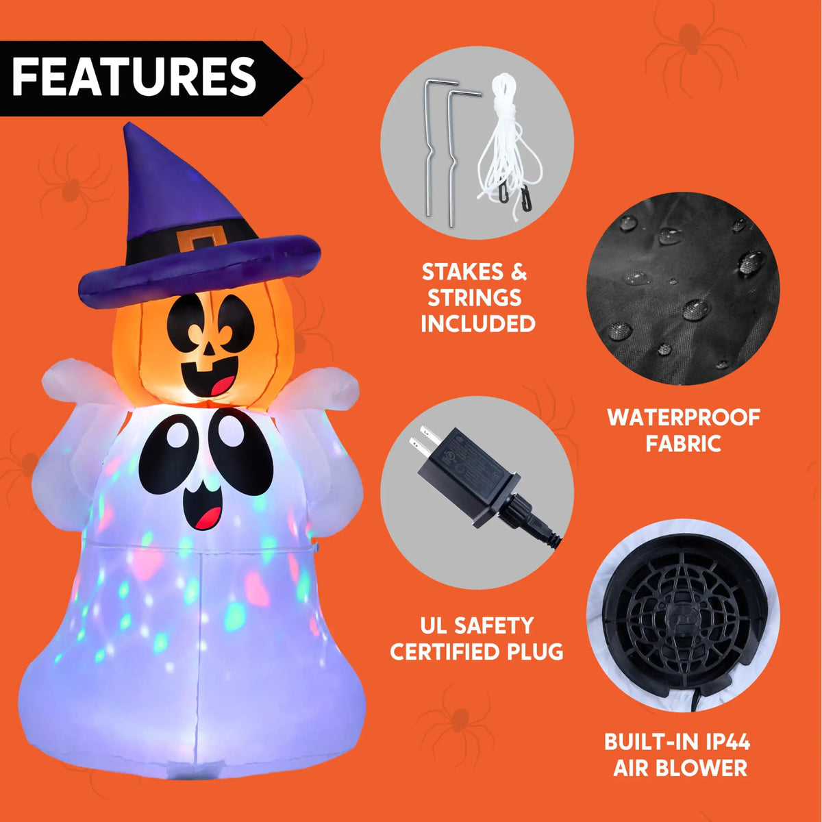 Halloween 5 ft Inflatable Pumpkin Ghost with Color LED Lights