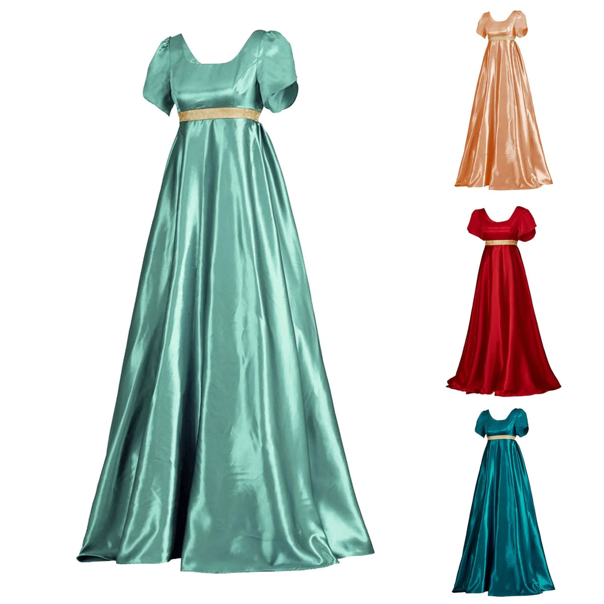 Medieval Vintage Satin Dress Short Sleeve High Waist Dress Renaissance Victoria Empire Dresses Halloween Cosplay Costume Vestido