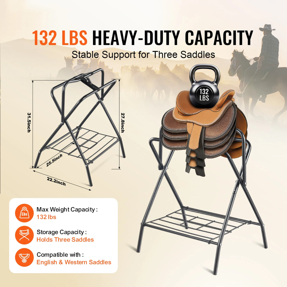 SucceBuy Folding Saddle Rack 28 x 19 x 37.5 in Freestanding Horse Saddle Stand Steel Saddle Rack for English & Western Saddles